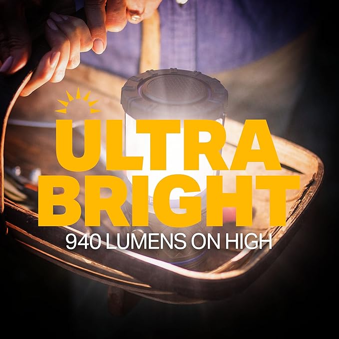 LUXPRO Rechargeable Dual-Power 940 Lumen LED Lantern with Diffused Lens for Up to 155 Hours of Use - Camping Lantern with Built-in Power Bank - Dimmable LED Light with IPX4 Water-Resistant Rating