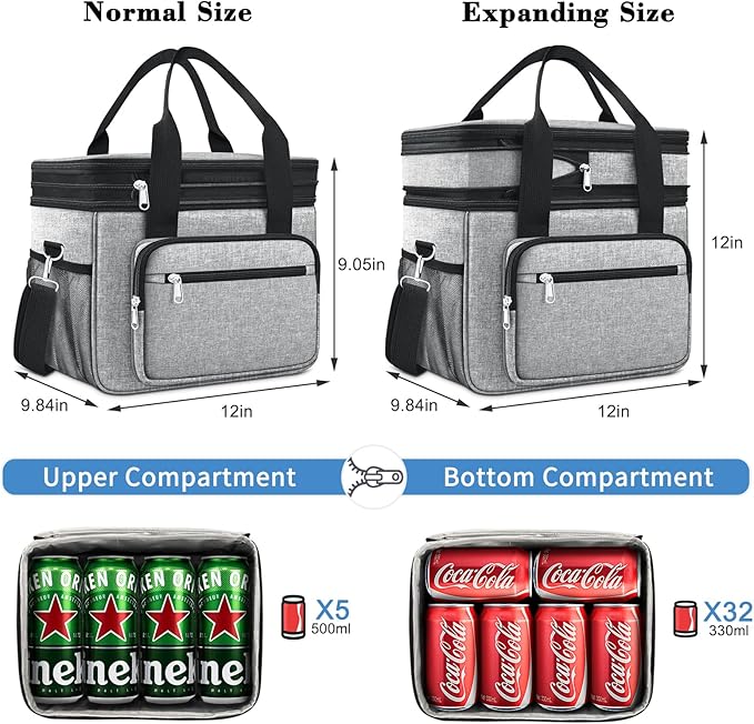23L Extra Large Expandable Insulated Cooler Lunch Box for Men Double Deck Leakproof Heavy Duty Lunch Bag with 4 Ice Packs&2 Snack Bags for Adult/Construction/Women/Work/Picnic/Camping - Grey