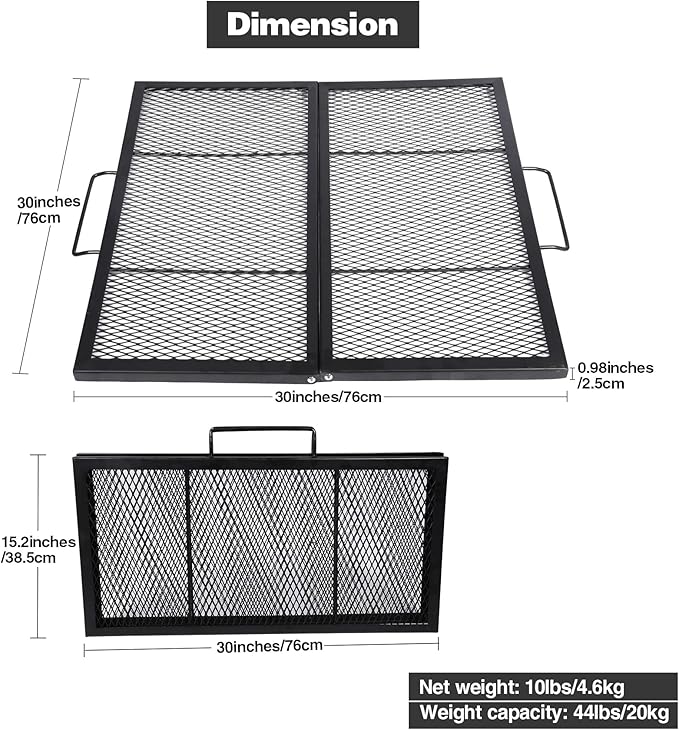 Lineslife Square Fire Pit Cooking Grill Grates, Folding Outdoor Campfire BBQ Grill Rack with Handles, Portable Outside Camping Gear Cookware and Accessory, 30 Inch