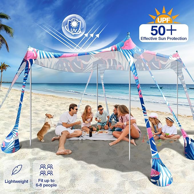 Rhino Valley Beach Tent Sun Shelter, 10x10FT Beach Canopy Tent Sun Shade UPF50+ Protection with 8 Sandbags 4 Stability Poles, Outdoor Beach Shade Canopy 6-8 People for Beach Camping Fishing