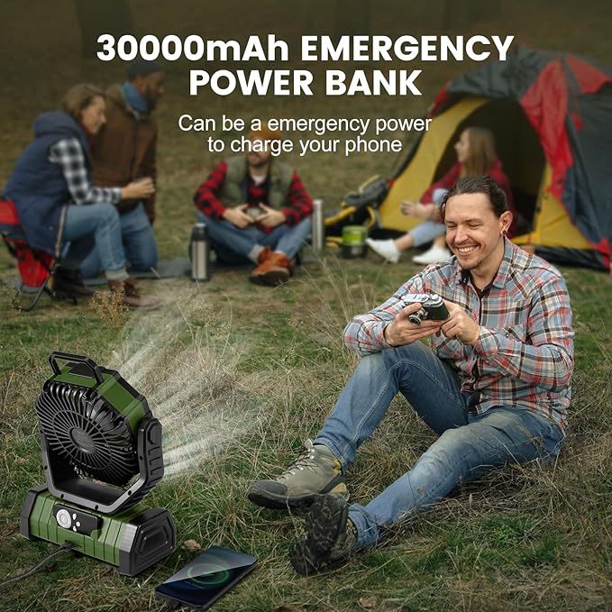 Odoland 30000mAh Camping Fan with LED Lantern, Rechargeable Battery Operated Oscillating with Remote Hook Stroage Bag, Portable Tent Fan with Timer, 4 Speeds for Outdoor RV Jobsite Power Outage, Green