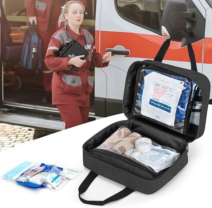 CURMIO Small First Aid Bag, Empty Emergency Trauma Kit Organizer Bag for Hiking, Camping, Car, Travel, Home and Outdoor, Black, BAG ONLY, Patent Pending