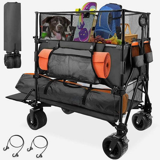 HOPERAN 550L XXL Wagons Carts Foldable, 54" Extra Length & Height Double Deck Collapsible Wagon Cart with Tailgate, 8" Big All-Terrain Wheels, 550lbs Load Utility Grocery Cart for Camping,Sports,Beach