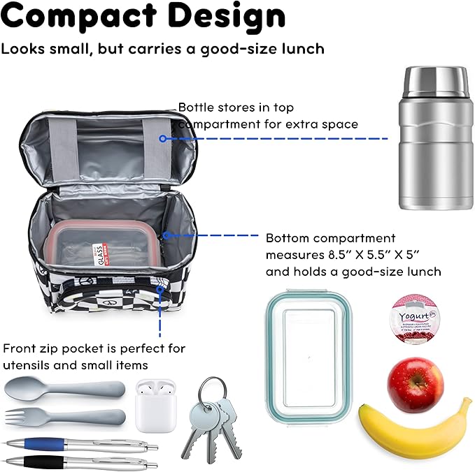 J World Corey Kids Lunch Bag. Insulated Lunch-Box for Boys Girls, Icon Checkers