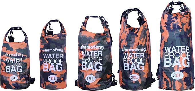 Waterproof Dry Bag Combo 5-30L Roll Top Dry Storage Bag Backpack for Kayaking Boating Beach Camping Travel Fishing, w/Phone Case & Collapsible Water Bottle & Sunglasses & Ear Band,Orange 20L