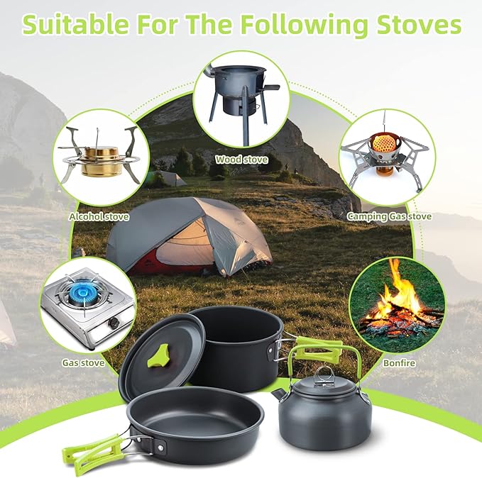LIXADA 16pcs Camping Cookware Mess Kit, Non-Stick Lightweight Pot Pan Kettle Set with Stainless Steel Plates Forks Knives Spoons, Portable Camping Cooking Set for Outdoor Backpacking Hiking Picnic