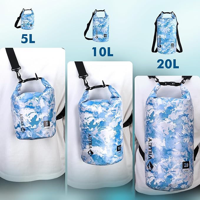 VILLEY Dry Bag Waterproof 10L Roll Top Sack Keeps Gear Dry Lightweight Dry Sack with Waterproof Phone Case for Kayaking Boating Camping Swimming and Beach Adventures Blue Camo