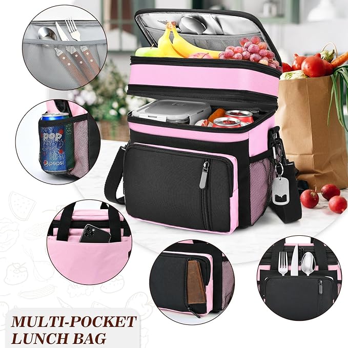 Lunch Bag Women & Lunch Box for Women, Large Insulated Adult Lunch Box, Leakproof Cooler Lunchbox with Bottle Opener for Work Picnic Beach, 16L, Pink