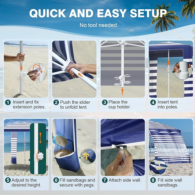 Rhino Valley Beach Cabana, 8 × 8FT Foldable Beach Tent with Cup Holder, Beach Canopy Easy Setup with UPF50+ Protection, Windproof Stable Beach Tent, Portable Beach Cabana Tent for Beach Camping