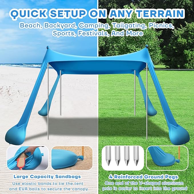 Beach Tent Canopy UPF50+ Protection, 10x10FT Beach Shade Sun Shelter Pop Up with 4 Stability Poles, Sandbags, Sand Shovels, Ground Pegs, Carrying Bag for Outdoor Family Camping Fishing Picnics