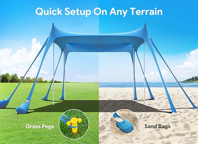 Osoeri Beach Tent, Camping Sun Shelter UPF50+ with 8 Sandbags, Sand Shovels, Ground Pegs & Stability Poles, Outdoor Shade Beach Canopy for Camping Trips, Fishing, Backyard Fun or Picnics