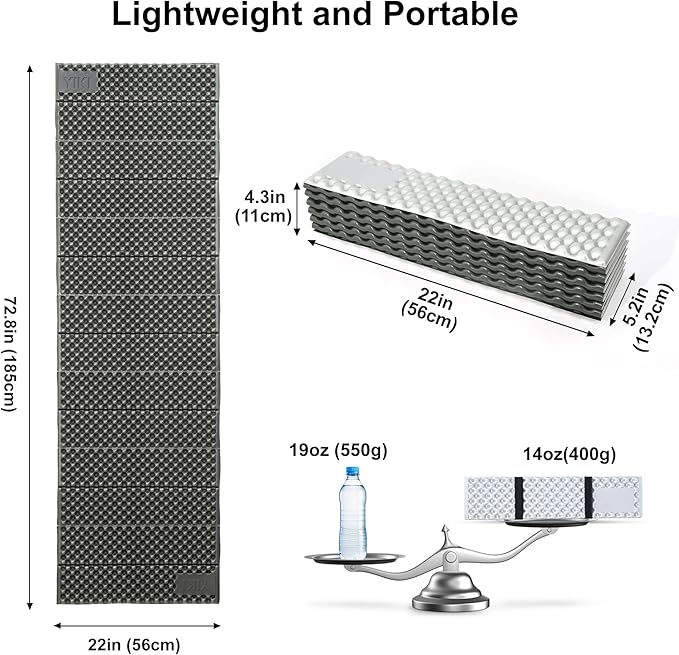 YIKI Closed Cell Foam Sleeping Pad for Camping, 72.8x22 inch, Ultralight Foldable Foam Sleeping Mat with Heat Reflective Layer, Waterproof Backpacking Pad for Hiking, Tent, Outdoor Use