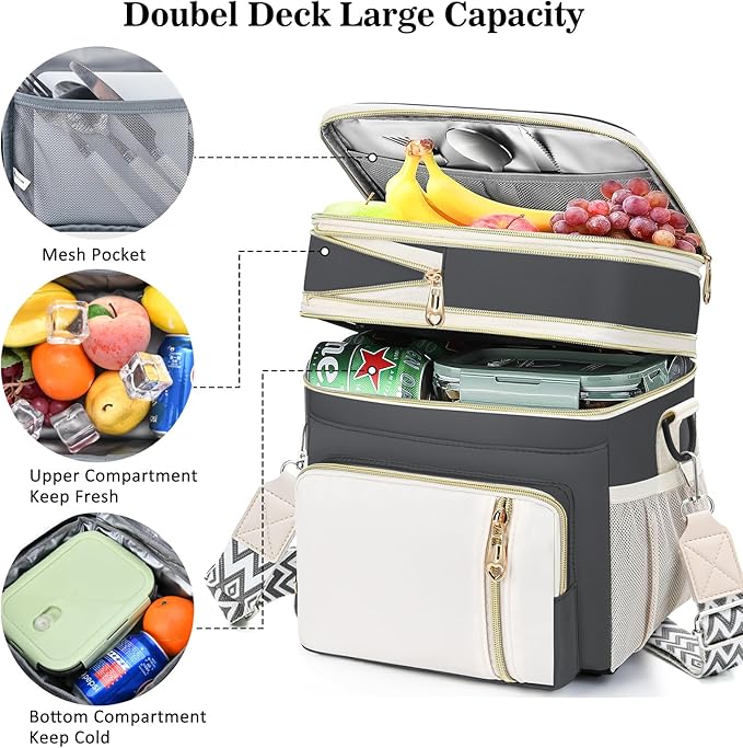 LOKASS Lunch Box for Women/Men-16L-Insulated Lunch Bag, Expandable Double-Layer Leakproof Cooler Bag with Upgrade Adjustable Shoulder Strap Ideal for Work/Travel/Picnics（Gray&White）