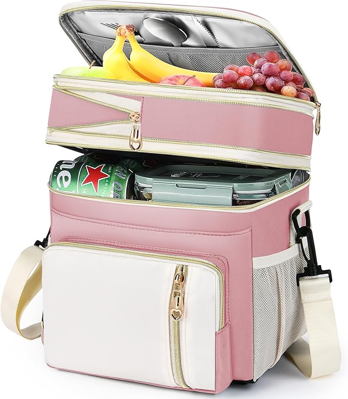 LOKASS Lunch Box for Women, 16L, Double Deck Expandable Insulated Lunch box For Adults/Women Thermal Large Waterproof Leakproof Cooler Bag with Shoulder Strap - Light Pink