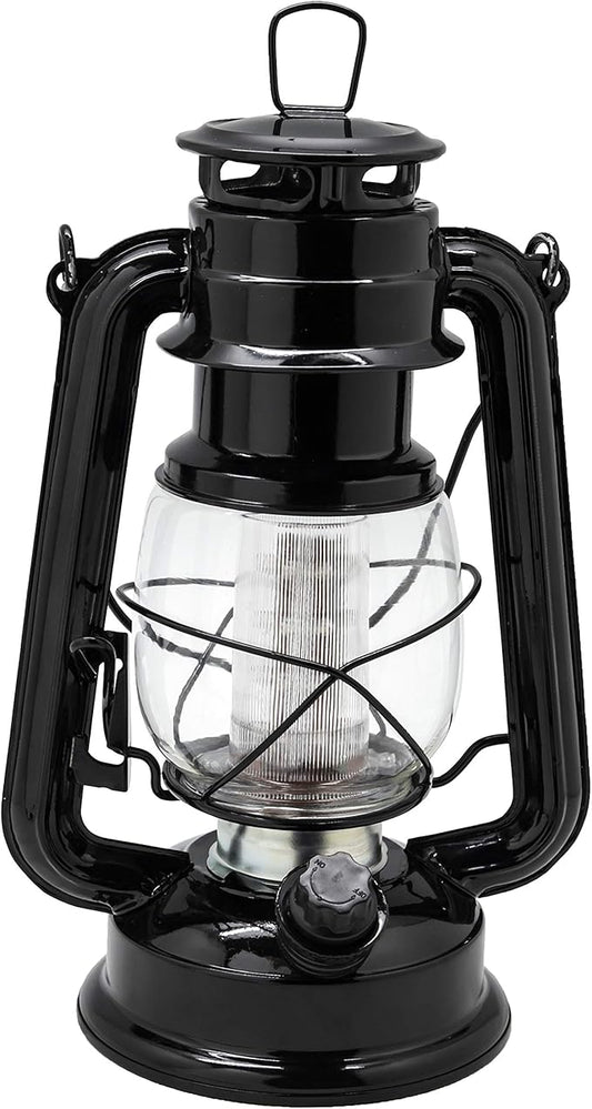 YAKii LED Vintage Metal Hanging Hurricane Lantern - 12 LED Dimmer Switch, Cold White Battery Operated Lantern for Power Outage, Indoor Camping, Outdoor Decoration (Black)