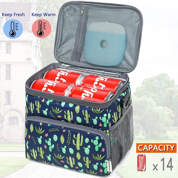 Insulated Reusable Lunch Bag Adult Large Lunch Box for Women and Men with Adjustable Shoulder Strap,Front Zipper Pocket and Dual Large Mesh Side Pockets,Cactus
