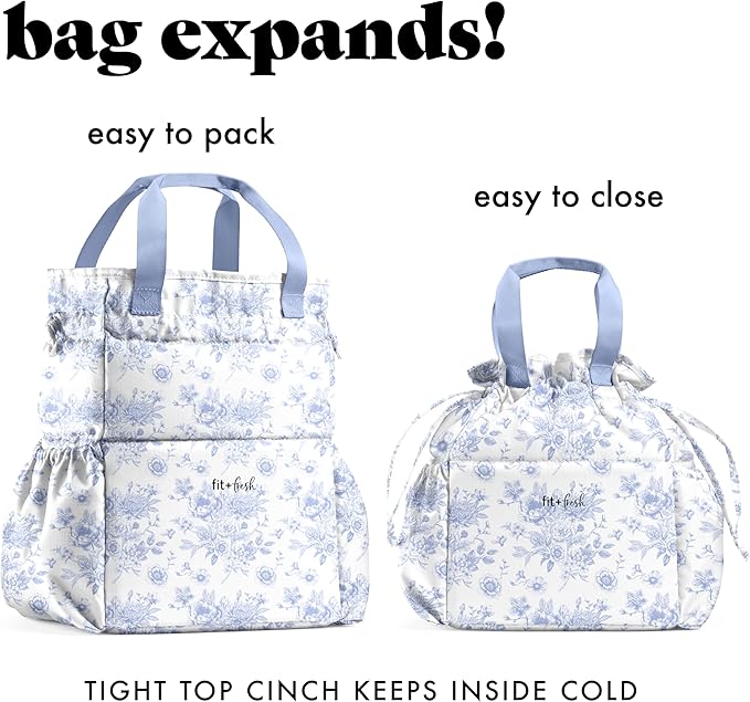 Fit & Fresh Lunch Bag For Women, Insulated Womens Lunch Bag For Work, Stain-Resistant Large Lunch Box For Women With Containers, Cinch Closure Cromwell Bag, Cornflower Floral Toile