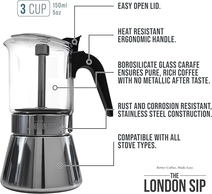 London Sip Glass and Stainless Steel Stovetop Espresso Maker Moka Pot Italian Coffee Percolator, Glass, Small (5.07 oz)