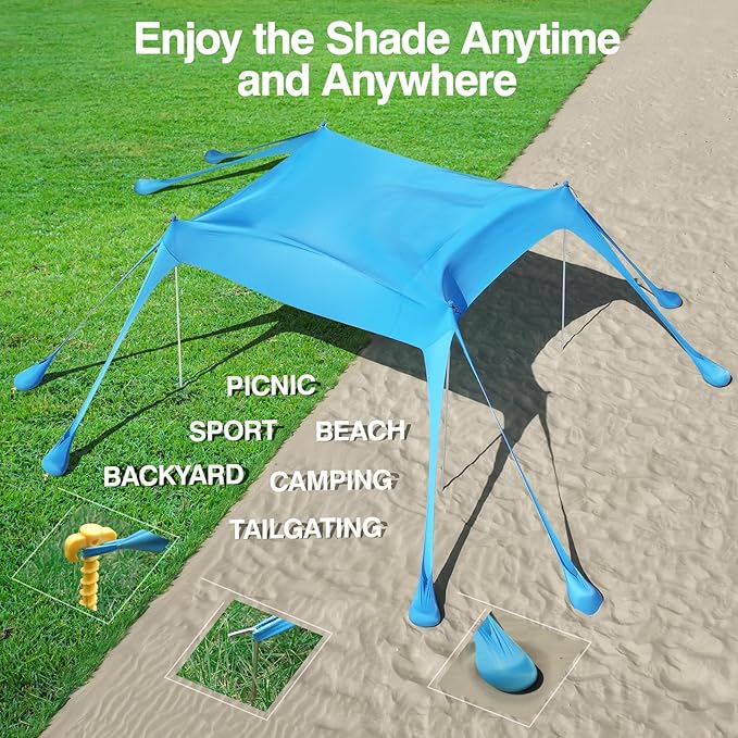 Rhino Valley Beach Tent Sun Shelter, Beach Canopy Tent Sun Shade UPF50+ Protection with 8 Sandbags 4 Stability Poles, Outdoor Beach Shade Canopy for Beach, Camping, Fishing