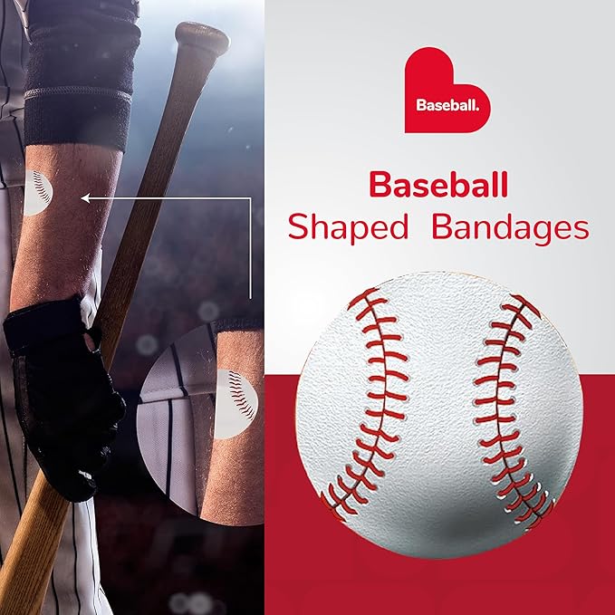 BioSwiss Bandages, Baseball Shaped Self Adhesive Bandage, Latex Free Sterile Wound Care, Fun First Aid Kit Supplies for Kids, 24 Count