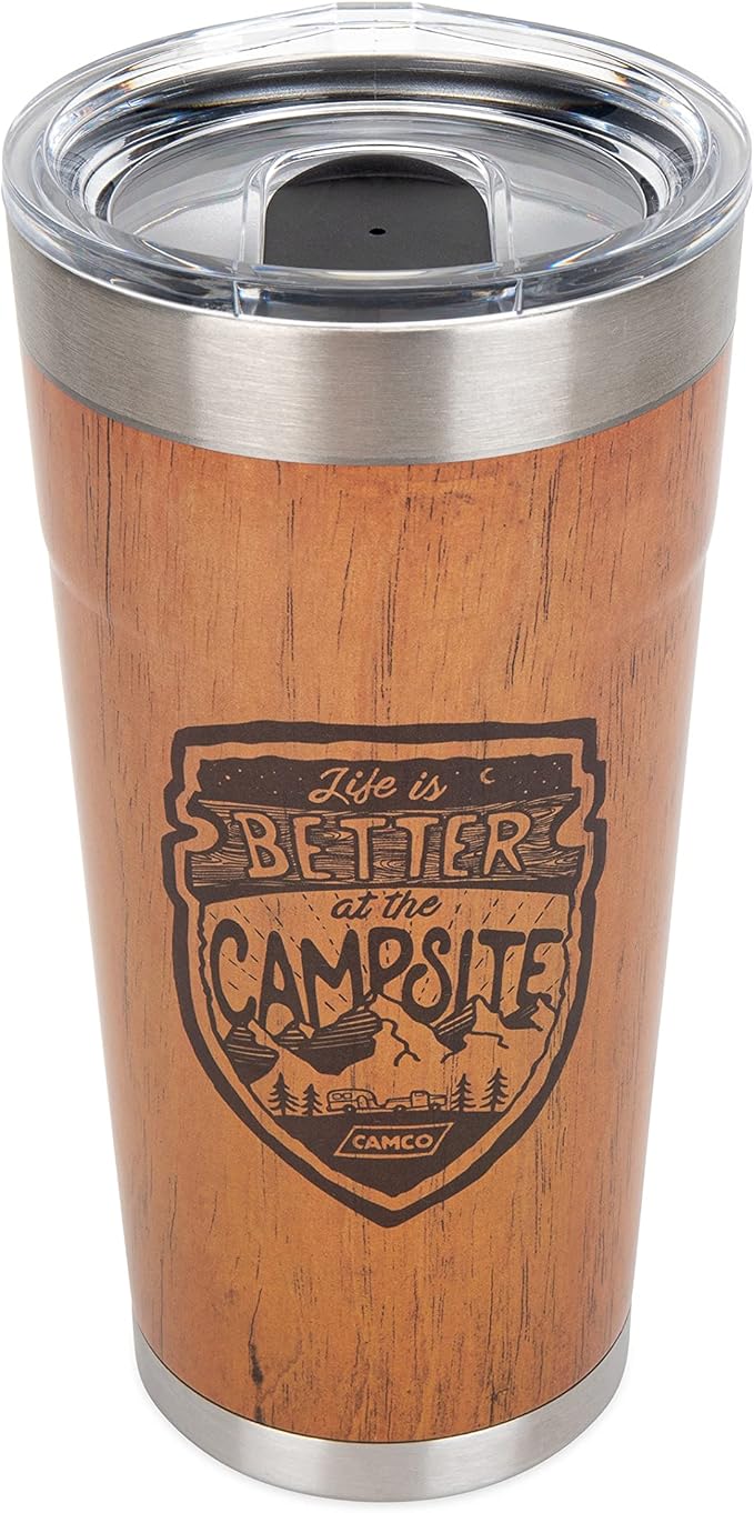 Camco Life is Better at The Campsite Wrapped Tumbler | Features Unique Wood Grain Design with a Burned in Life is Better at The Campsite Logo | 20 oz. (53327)