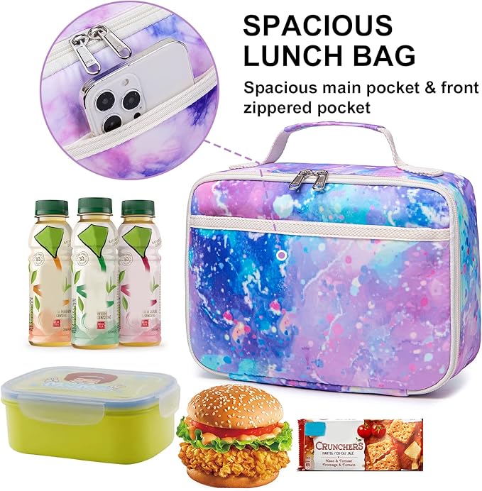 Kids Lunch Box Boys Girls Insulated Lunch Cooler Bag Reusable Lunch Tote Kit for School Travel (Tie Dye Purple)