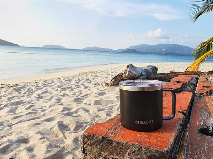 CHILLOUT LIFE Stainless Steel 16 oz Vacuum Insulated Coffee Mug with Handle and Lid, Large Thermal Camping Coffee Mugs with Sliding Lid for Men & Women - Keeps your Beverages Hot/Cold, 2 Pack