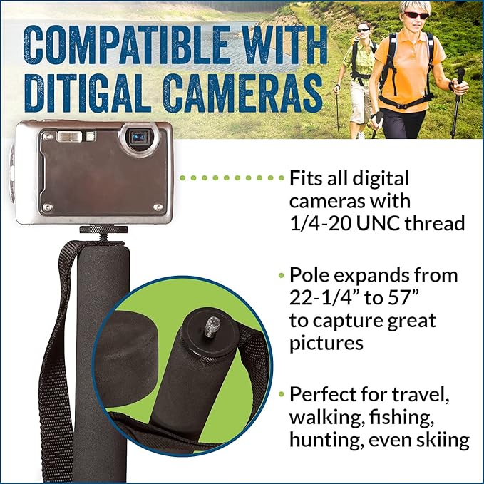 York Nordic PRO Collapsible 4 Piece Trekking/Walking Poles - Pair of monopod Poles w/3 flip Locks, Detachable Rubber feet, and GoPro Camera Mount Black