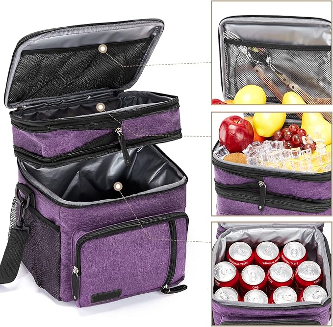 Men's and Women Double Compartment Lunch Bag, Insulated Lunch Cooler Tote 2 Roomy Large Reusable Water-resistant Lunch Box (Purple, 15L)''