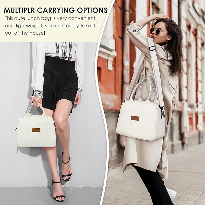 LOKASS Lunch Bag for Women-Insulated Adults Lunch Box with Front Pocket- Small Cute Lunch Tote for Work-Reusable Cooler Bag for Office Picnic Beach or Travel（White）