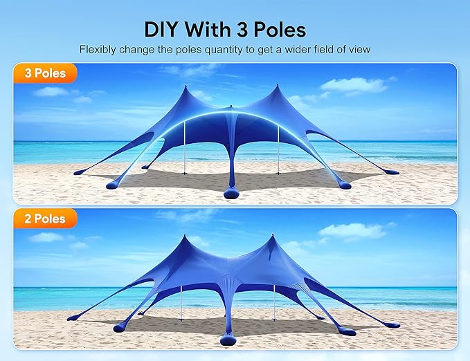 Osoeri Beach Tent, 20 x 13ft Camping Sun Shelter UPF50+ with 8 Sandbags, Sand Shovels, Ground Pegs & Stability Poles, Shade Canopy for Trips, Fishing, Backyard Fun or Picnics, Blue