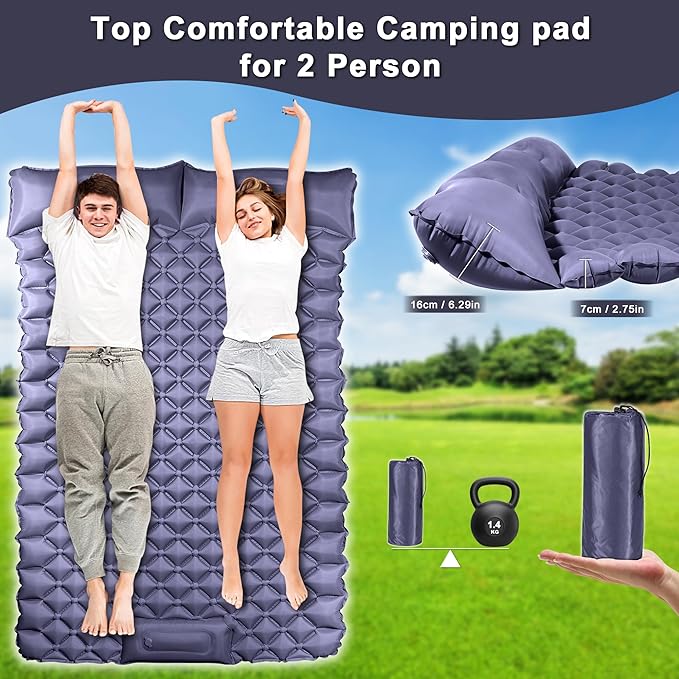 Double Camping Pads for Sleeping, Ultralight Floor Mattresses for Sleeping with Built-in Pillow Foot Pump, Mattress Foldable for Tent, Backpacking, Hiking, Car Traveling, Navy Blue