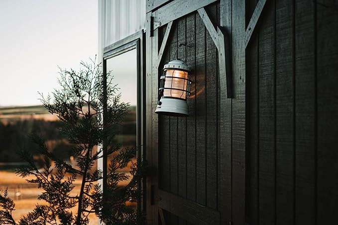 Barebones Forest Lantern – Vintage White, Vintage Rechargeable LED Lantern with Adjustable Brightness – Battery Operated Camping Light for Outdoor Adventures, Backyard Gatherings, and Emergency Use