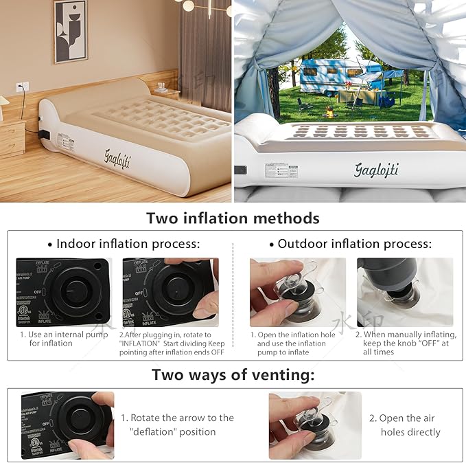 16" Queen Air Mattress Full with Built in Pump for Camping,Portable Blow up Mattress with Carry Bag,High-Speed Pump,Luxury Inflatable Mattress Comfort Flocked Airbed for Guest,Home(Khaki)