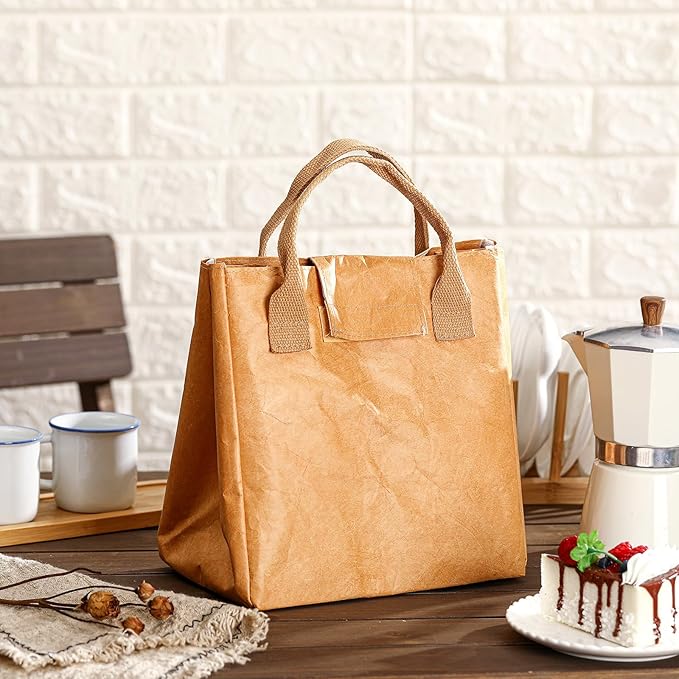 Maxcheck 2 Pcs Insulated Brown Lunch Bag Reusable Lunch Bag 9.45 x 8.66 x 5.51 Inch Easy to Carry Water Resistant Aesthetic Lunch Sack Thermal Lunch Tote Bag for Women Men Adult Snack Everyday Use