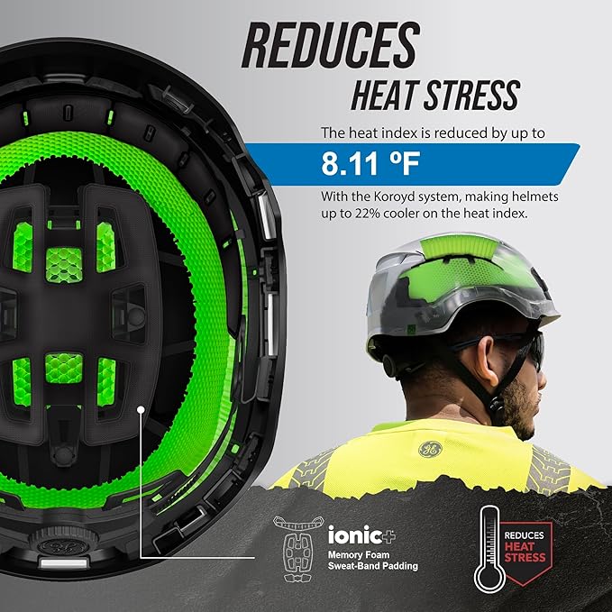 GE Safety Helmet: ANSI Type 2 Class G & E, Advanced Impact Technology, Ultra Comfortable Memory Foam, Heat Stress Reduction, Compatible with Accessories, Adjustable Size OSHA Approved