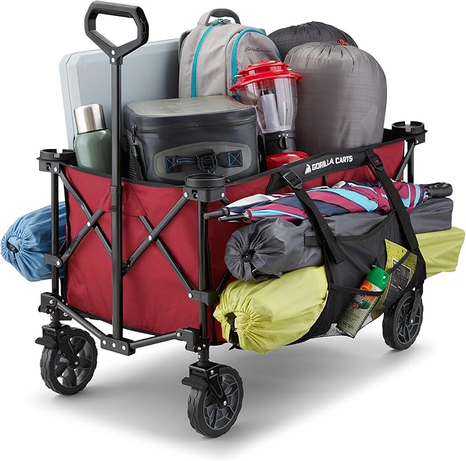 Gorilla Carts Foldable Wagon, Heavy Duty Collapsible Cart with Wheels, 7 Cu Ft, Red