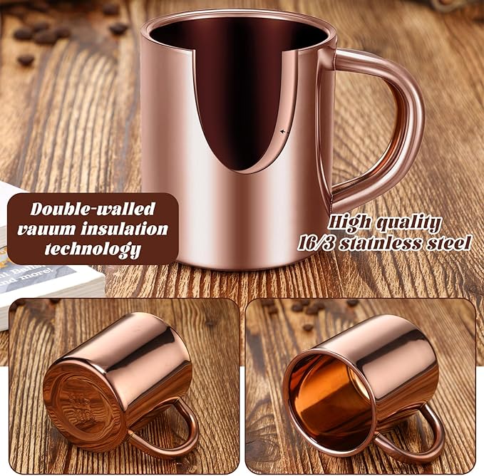 Cunhill 4 Set 7.5oz/220ml Stainless Steel Coffee Mug with Handle Metal Double Walled Cups Camping Mug Dishwasher Safe Tea Cups for Home Travel Camping Outdoors Rv Keep Drinks Hot (Rose Gold)