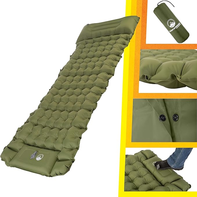 Wakeman Sleeping Pad for Camping - Inflatable Mat with Built-in Foot Pump - Waterproof Camp Mattress - Camping Gear Must Haves Outdoors (Olive)