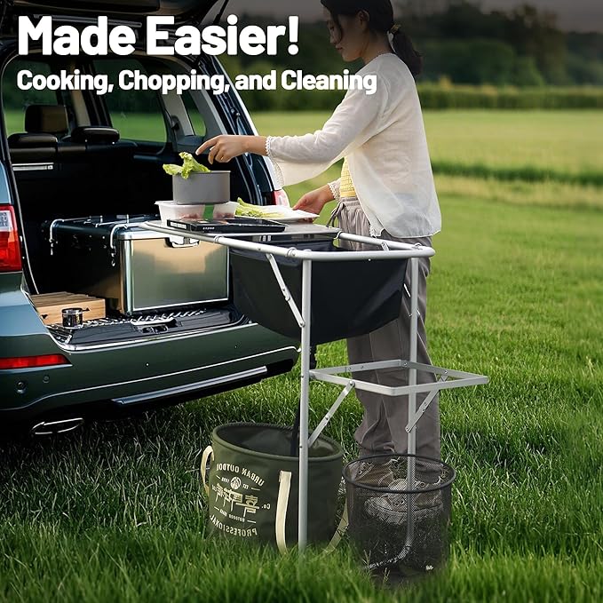 Himalaya Tailgate Table, Folding Camping Kitchen Extended Side Table, Overlanding Gear, Small Folding Camping Kitchen Station, Camp Cooking Sink Grill for Outdoor BBQ Party Picnic (Table Side Edge)