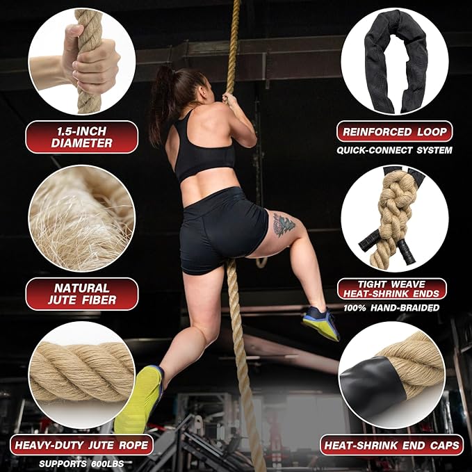 Climbing Rope Gym Workout - 1.5 Inch Diameter 10FT 15FT 20FT 25FT 30FT 35FT Heavy Duty Jute Thick Ropes for Adults Strength Training Outdoor Tree Swing Indoor Home Fitness Exercise