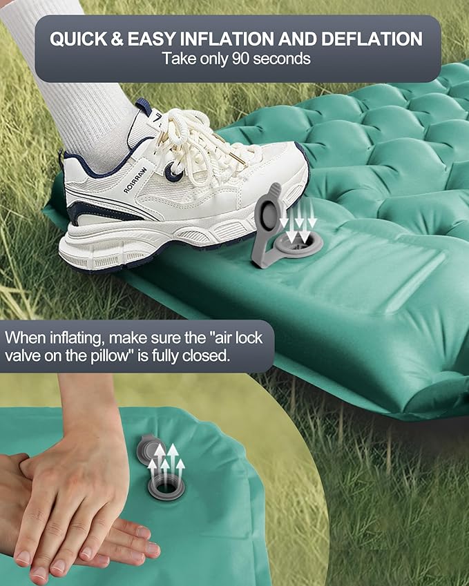 Inflatable Camping Sleeping Pad with Pillow & Foot Pump, 3"x79"x26" Single Camping Air Mattress, Compact Roll-Up, Quick-Dry & Durable Sleeping Mat for Backpacking, Hiking, Tent, Travel – Lake Green