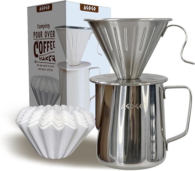 AGOGO Compact Portable Pour Over Coffee Maker Set - Easy Cleaning 304 Stainless Steel Dripper Set for Camping & 50 Filters Paper & Cleaning Rag (Silvery, 600ml)