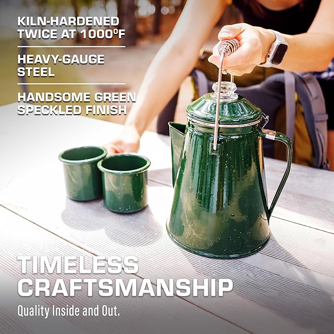 COLETTI Classic Enamel Set Coffee Percolator & Mugs — The Most Nostalgic Camping Coffee Pot, Now Modernized [Green Enamel, 12 Cup Percolator Coffee Pot & Set of 4 Mugs]