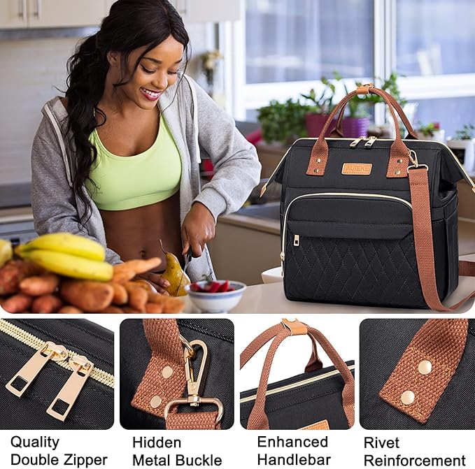 AIJIEKE Lunch Bag for Women, Large Lunch Box for Work Insulated Lunch Bag, Adult Leakproof Lunch Tote Cooler Bag with Side Pockets & Adjustable Strap, Lunch Purse for Picnic Beach, Black