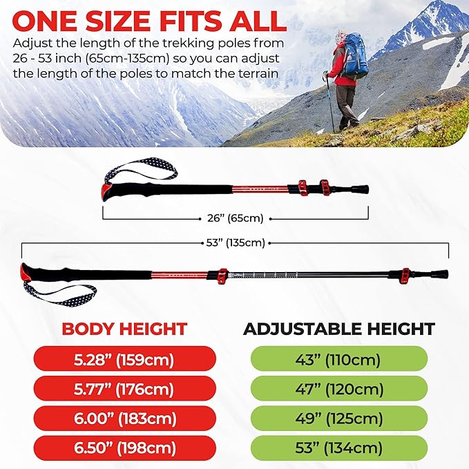 Adventure Pro Trekking Poles for Hiking - Anti Slip Collapsible Walking Sticks for Travel with Cork and Eva Grip, Lightweight Hiking Poles for Men and Women, 2 Sticks in 1PACK