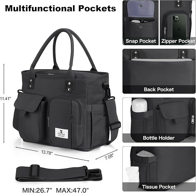 Hafmall Large Insulated Lunch Bag for Women Men, Leakproof Lunch Box for Adults, Wide Opening Lunch Tote Bag with Shoulder Strap, Reusable Lunch Cooler Bag for Work, Picnic, Black