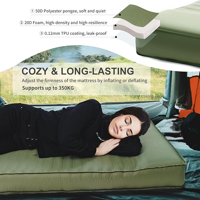 Origem Self Inflating Sleeping Pad, 4" Ultra-Thick Camping Mattress with Built-in Pump, Foam Campinging Mat for Tent, Traveling and Car, Easy to Inflate and Deflate (Green)