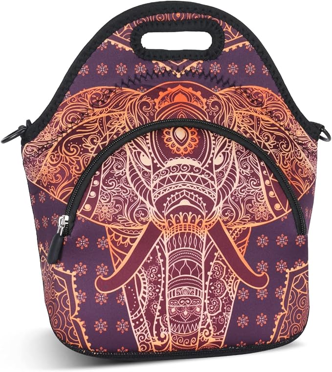 Violet Mist Neoprene Thermal Insulated Lunch Bag Cute Animal Lunch Bag Tote with Extra Pocket Detachable Adjustable Shoulder Lunchbox Food Handbags Picnic Work Gifts for Women men, Retro Elephant 2