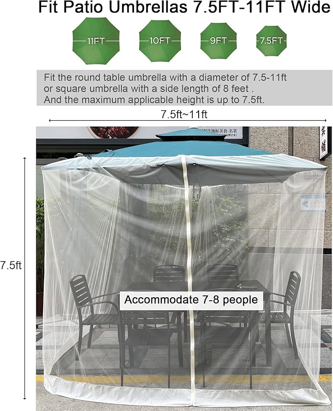 7.5-11ft Beige Patio Umbrella Mosquito Netting, with Double Zipper Door, Polyester Mesh Net Screen Universal for Almost Outdoor Market Table Umbrellas & Cantilever Offset Hanging Umbrella w/Tilt